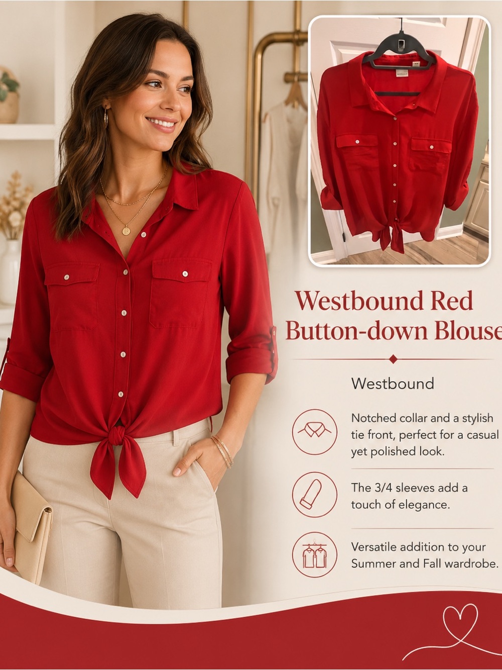 Westbound Red 3/4 Sleeve Button Down Blouse - XL